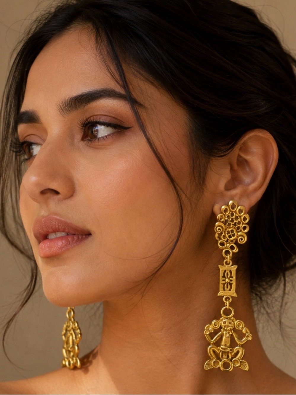 Ornate Gold Floral Tribal Drop Earrings for Women